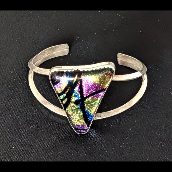 Very Large MODERN ART Rainbow Dichroic Glass 925 Sterling Silver Bracelet - Picture 3 of 6